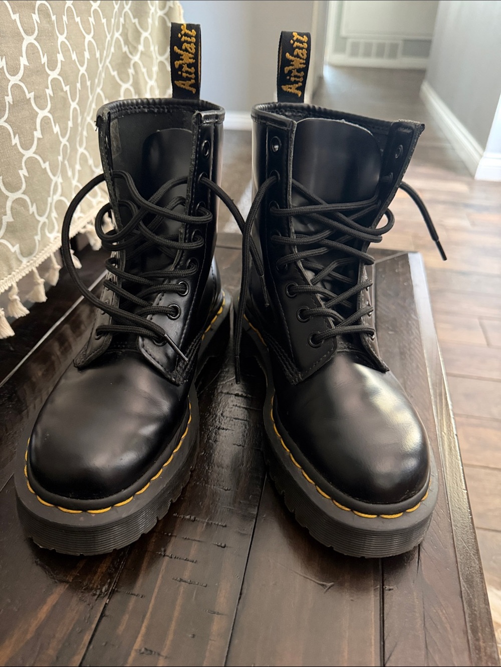 Dr. Martens Black Leather 8-Eye Lace-Up Platform Boots with Yellow Stitching